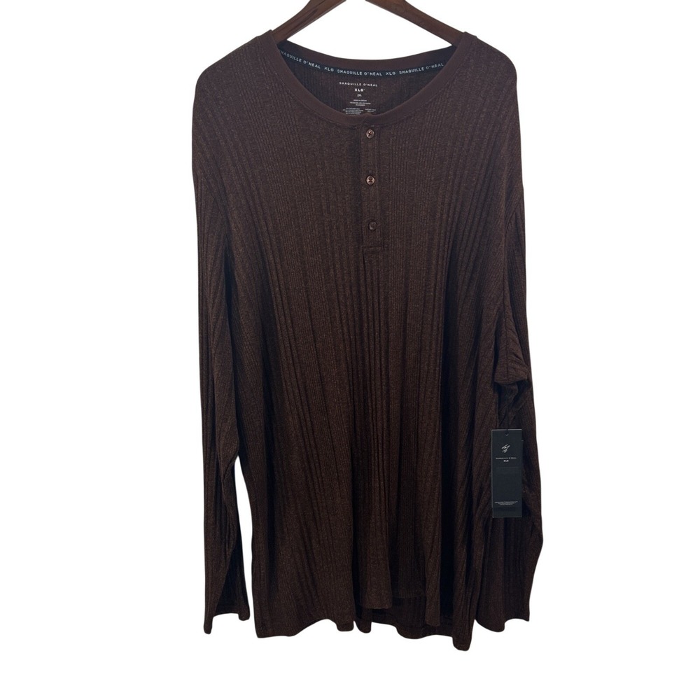 Shaquille ONeal Men 2XL Brown Henley Shirt Ribbed Knit 1/4 Button New Tags